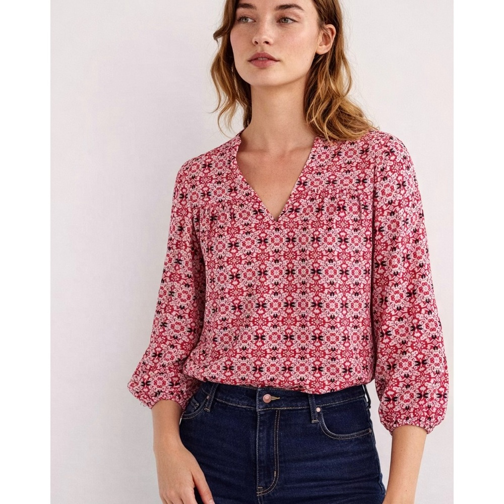 Boden Printed Notch Neck Blouse Red White Multi Size US 4